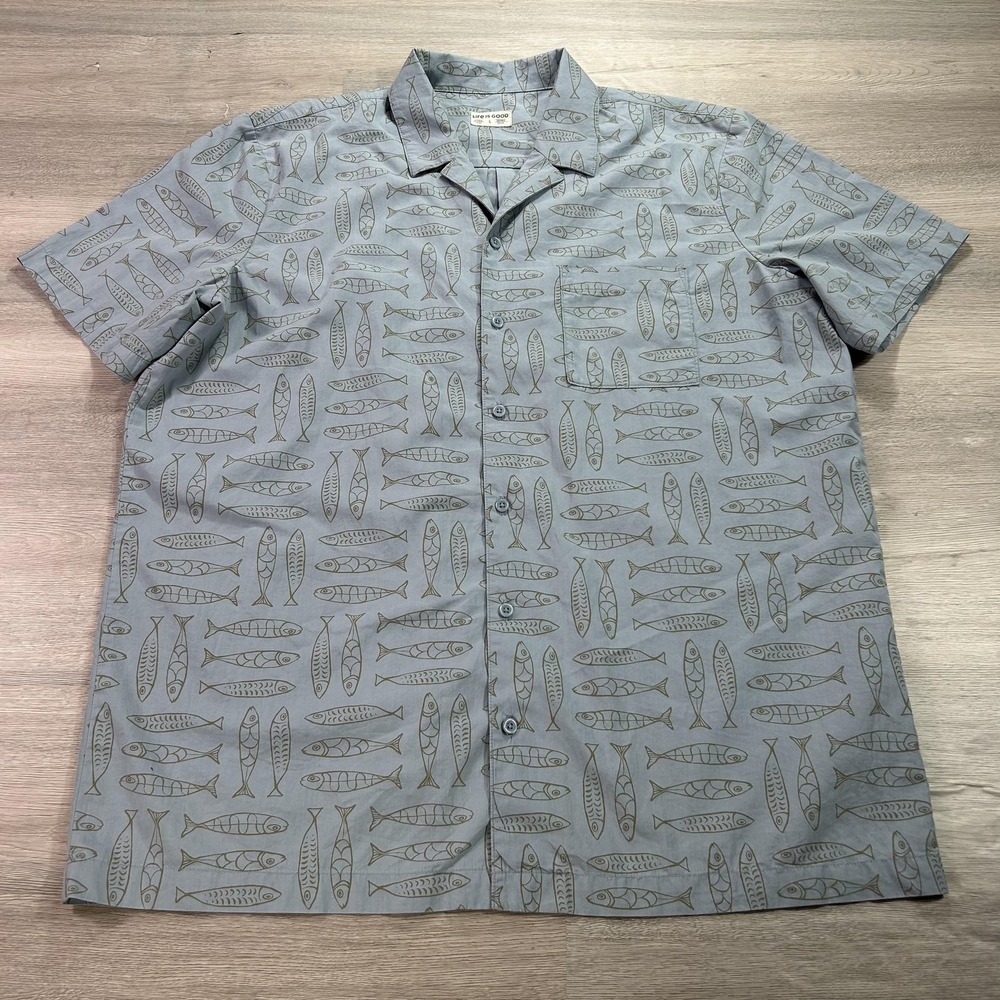 Life Is Good Shirt Mens Large‎ Blue Gray Fish Print Camp Short Sleeve Button Up